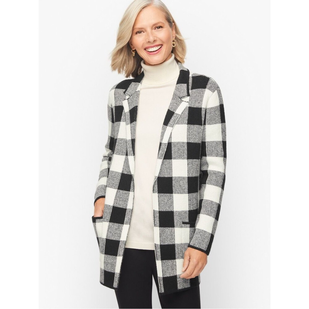 Talbots Black White Buffalo Plaid Notch Collar Cardigan Sweater Jacket 1X NWT